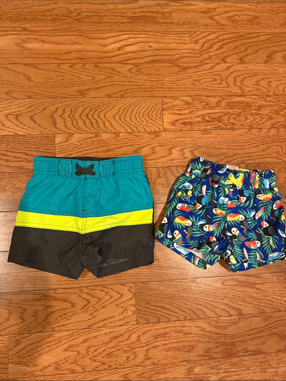 2 Cat & Jack Teal and Black Boys Swim Trunks with Neon Yellow Stripe